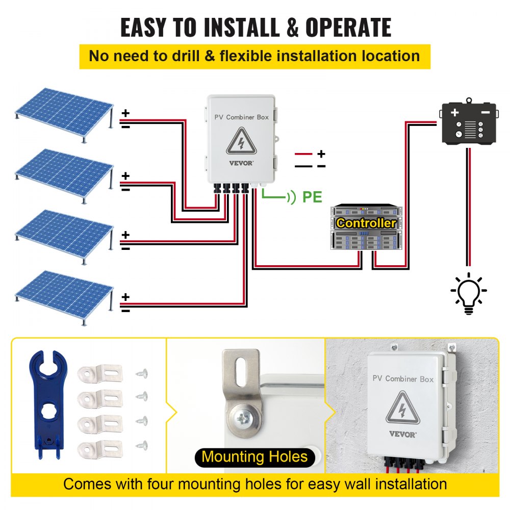 AMITOOLS PV Combiner Box, 4 String with 15A Rated Current Fuse, 63A Circuit Breaker, Lightning Arreste Connector for On/Off Grid Solar Panel System, IP65