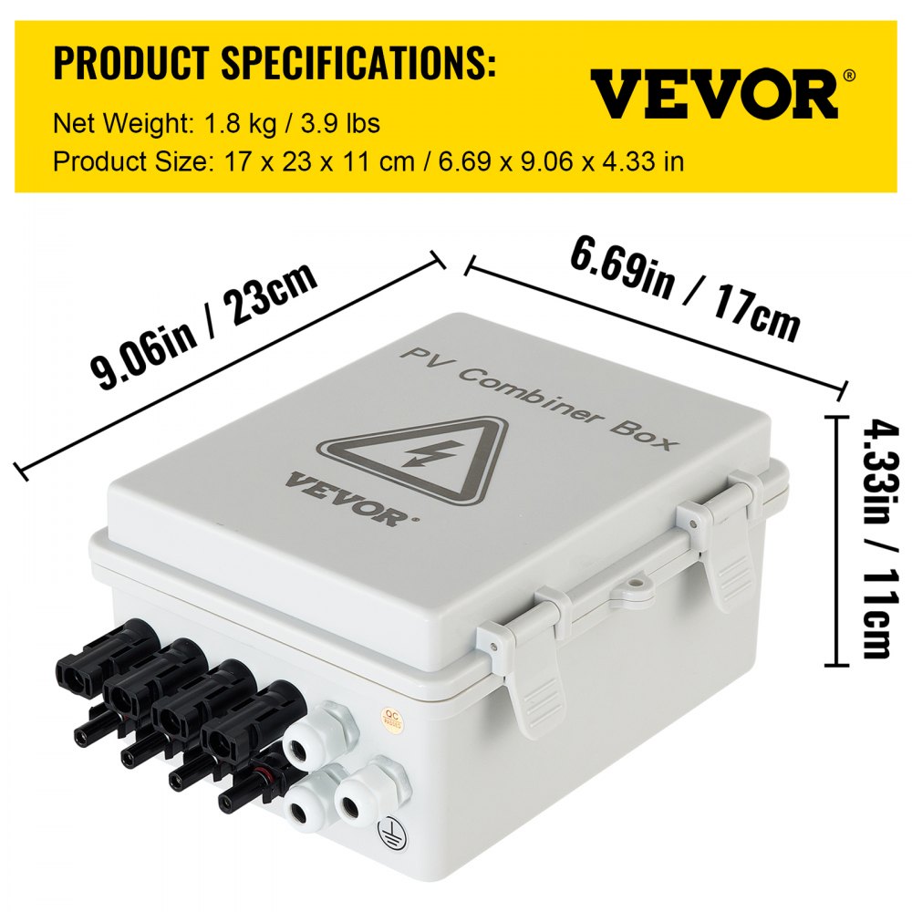 AMITOOLS PV Combiner Box, 4 String with 15A Rated Current Fuse, 63A Circuit Breaker, Lightning Arreste Connector for On/Off Grid Solar Panel System, IP65