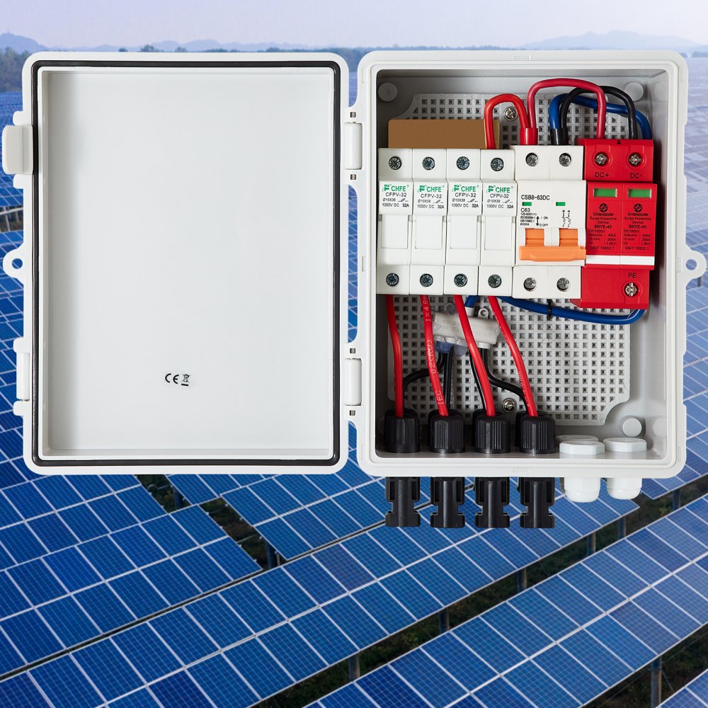 AMITOOLS PV Combiner Box, 4 String with 15A Rated Current Fuse, 63A Circuit Breaker, Lightning Arreste Connector for On/Off Grid Solar Panel System, IP65