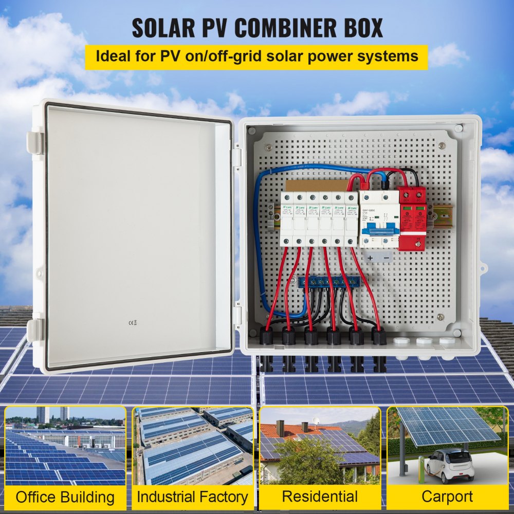 AMITOOLS PV Combiner Box, 6 String, Solar Combiner Box with 15A Rated Current Fuse, 125A Circuit Breaker, Lightning Arreste and Solar Connector, for On/Off Grid Solar Panel System, IP65 Waterproof