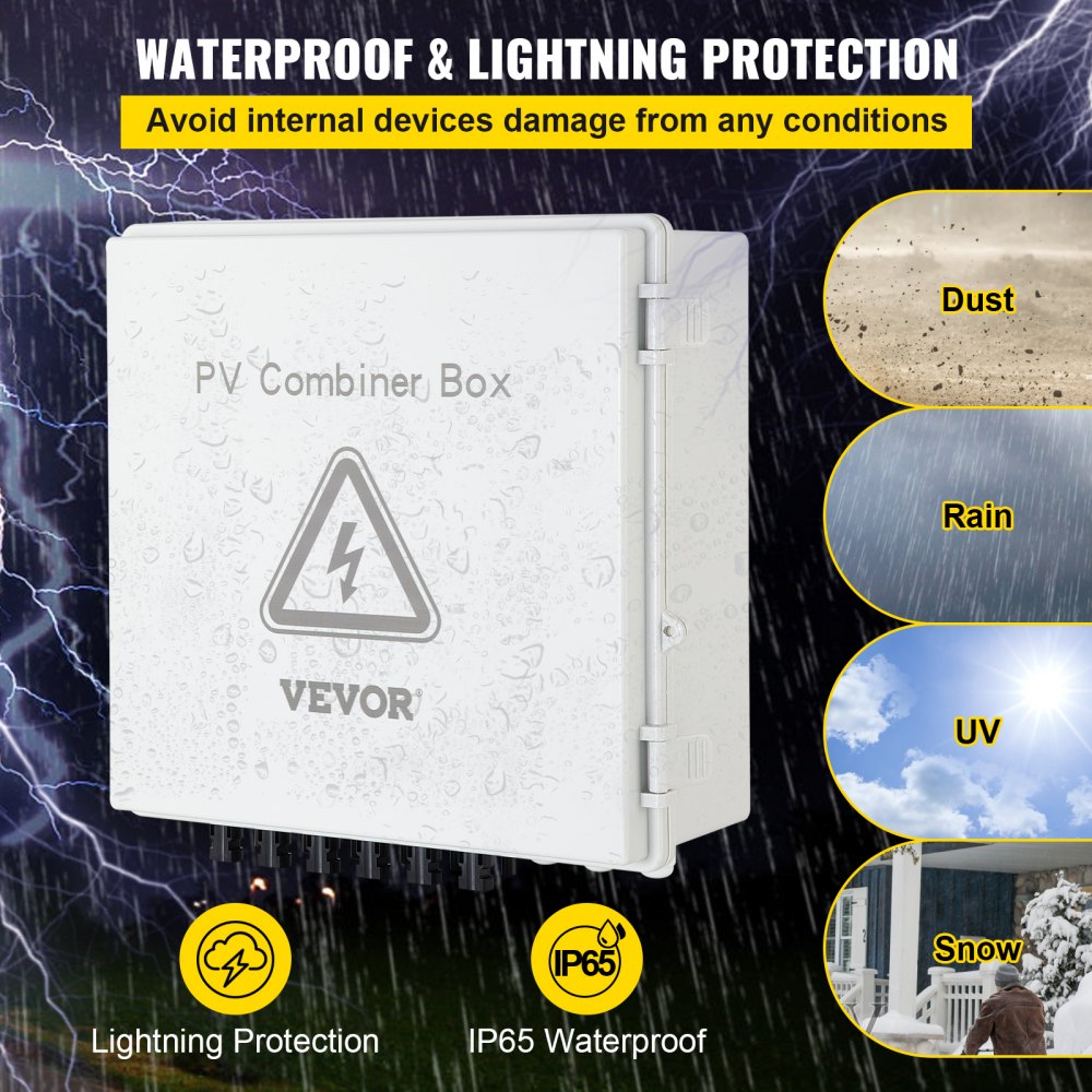 AMITOOLS PV Combiner Box, 6 String, Solar Combiner Box with 15A Rated Current Fuse, 125A Circuit Breaker, Lightning Arreste and Solar Connector, for On/Off Grid Solar Panel System, IP65 Waterproof