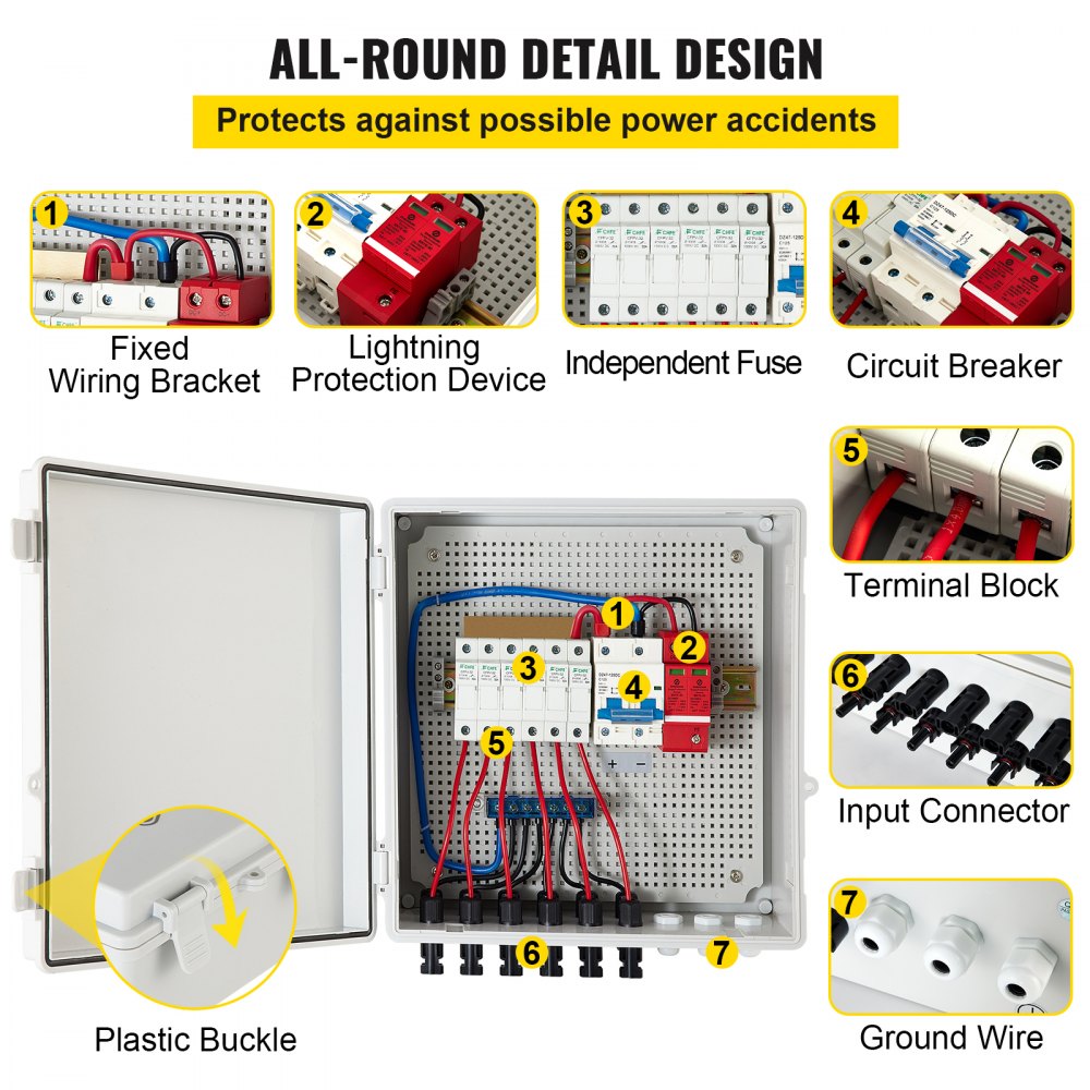 AMITOOLS PV Combiner Box, 6 String, Solar Combiner Box with 15A Rated Current Fuse, 125A Circuit Breaker, Lightning Arreste and Solar Connector, for On/Off Grid Solar Panel System, IP65 Waterproof