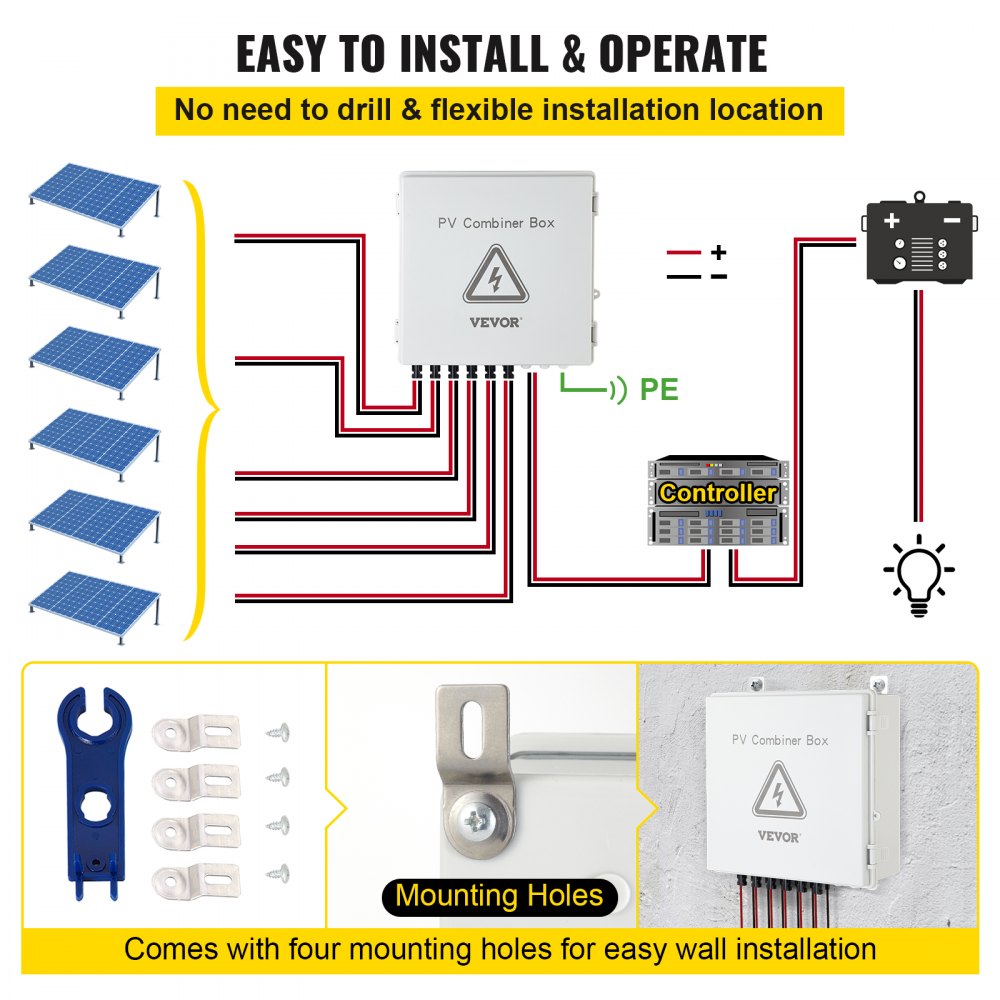 AMITOOLS PV Combiner Box, 6 String, Solar Combiner Box with 15A Rated Current Fuse, 125A Circuit Breaker, Lightning Arreste and Solar Connector, for On/Off Grid Solar Panel System, IP65 Waterproof