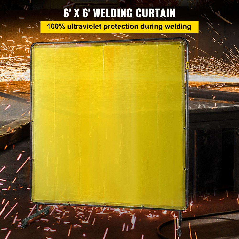 AMITOOLS Welding Screen with Frame 6' x 6', Welding Curtain with 4 Wheels, Welding Protection Screen Yellow Flame-Resistant Vinyl, Portable Light-Proof Professional