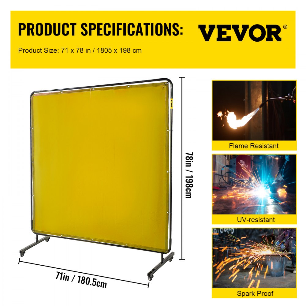 AMITOOLS Welding Screen with Frame 6' x 6', Welding Curtain with 4 Wheels, Welding Protection Screen Yellow Flame-Resistant Vinyl, Portable Light-Proof Professional