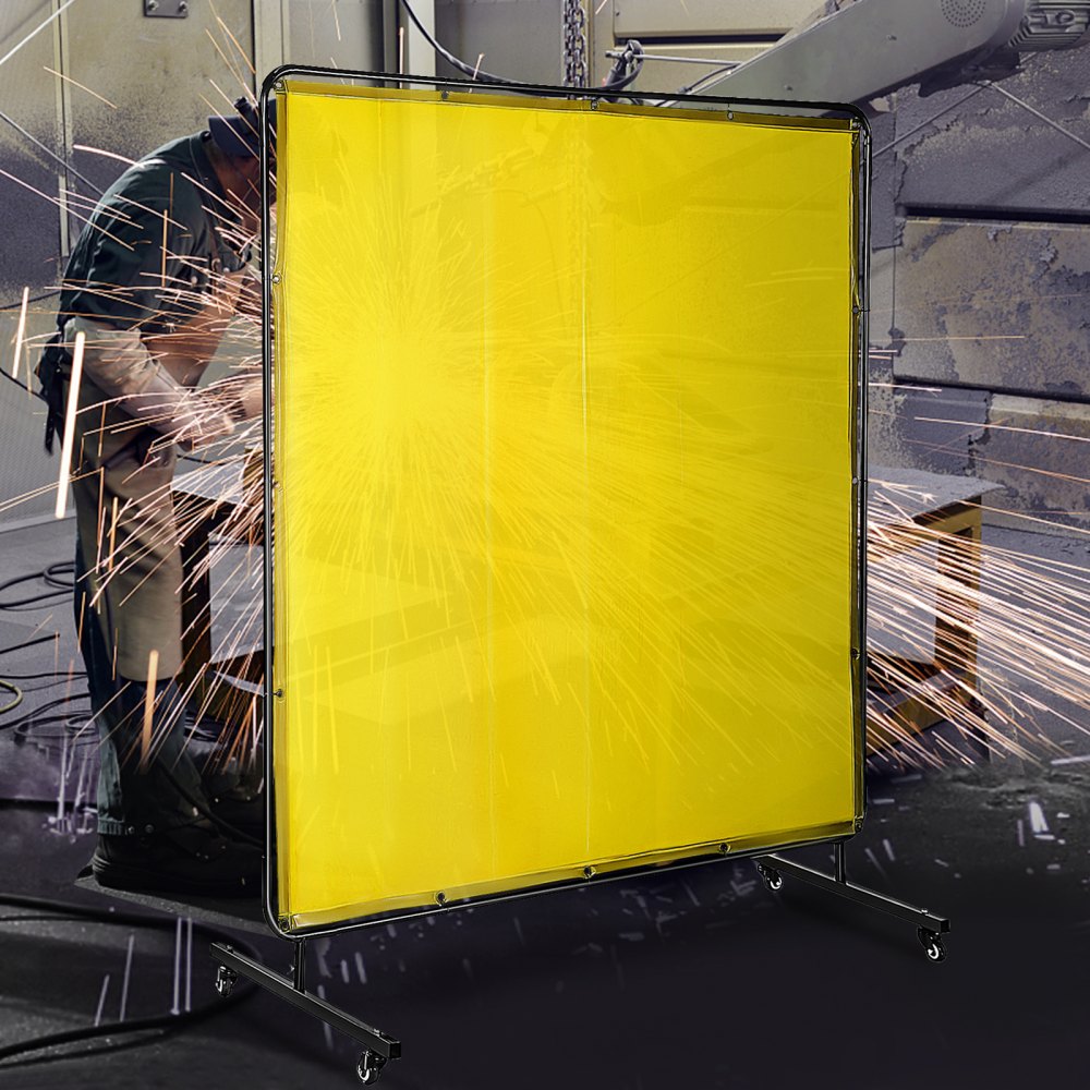 AMITOOLS Welding Screen with Frame 6' x 6', Welding Curtain with 4 Wheels, Welding Protection Screen Yellow Flame-Resistant Vinyl, Portable Light-Proof Professional