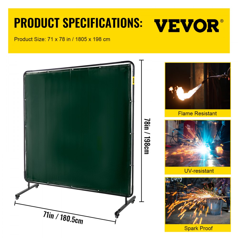 AMITOOLS Welding Screen with Frame 6' x 6', Welding Curtain with 4 Wheels, Welding Protection Screen Green Flame-Resistant Vinyl, Portable Light-Proof Professional