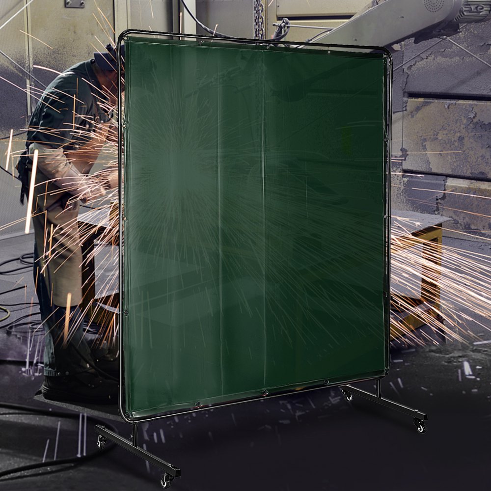 AMITOOLS Welding Screen with Frame 6' x 6', Welding Curtain with 4 Wheels, Welding Protection Screen Green Flame-Resistant Vinyl, Portable Light-Proof Professional