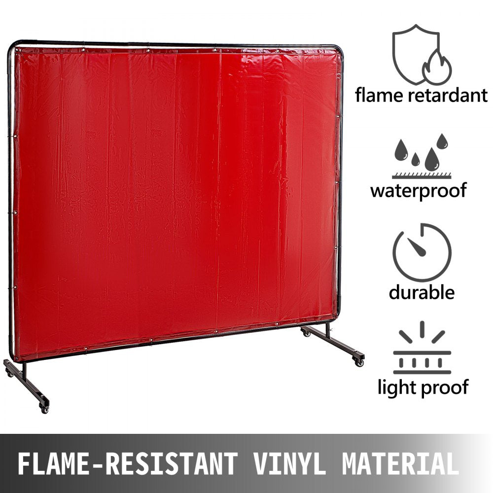 AMITOOLS Welding Screen with Frame 8' x 6', Welding Curtain with 4 Wheels, Welding Protection Screen Red Flame-Resistant Vinyl, Portable Light-Proof Professional