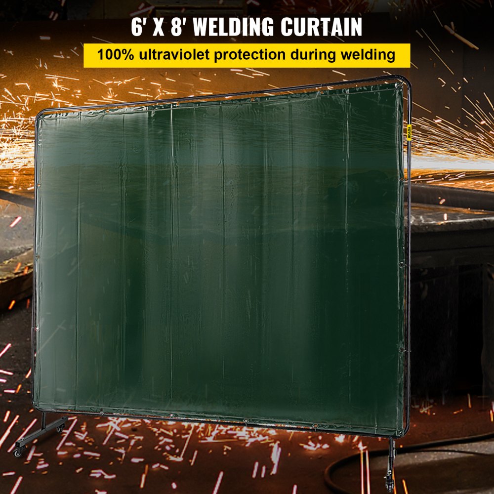 AMITOOLS Welding Screen with Frame 8' x 6', Welding Curtain with 4 Wheels, Welding Protection Screen Green Flame-Resistant Vinyl, Portable Light-Proof Professional