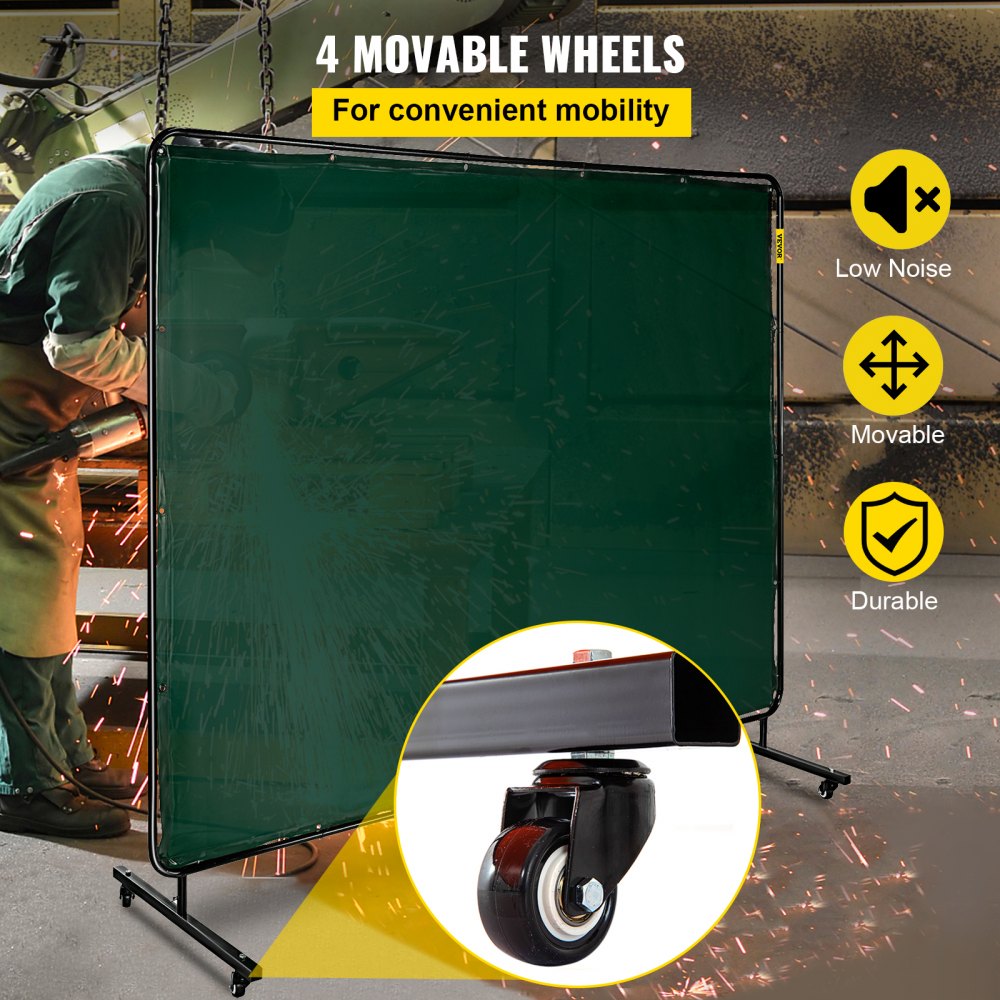 AMITOOLS Welding Screen with Frame 8' x 6', Welding Curtain with 4 Wheels, Welding Protection Screen Green Flame-Resistant Vinyl, Portable Light-Proof Professional