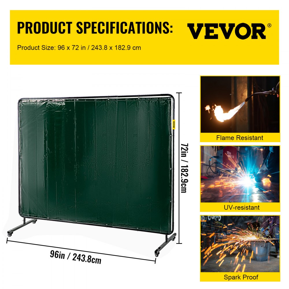 AMITOOLS Welding Screen with Frame 8' x 6', Welding Curtain with 4 Wheels, Welding Protection Screen Green Flame-Resistant Vinyl, Portable Light-Proof Professional