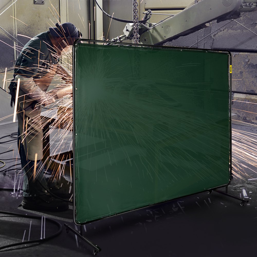 AMITOOLS Welding Screen with Frame 8' x 6', Welding Curtain with 4 Wheels, Welding Protection Screen Green Flame-Resistant Vinyl, Portable Light-Proof Professional