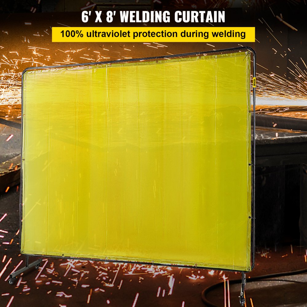 AMITOOLS Welding Screen with Frame 8' x 6', Welding Curtain with 4 Wheels, Welding Protection Screen Yellow Flame-Resistant Vinyl, Portable Light-Proof Professional