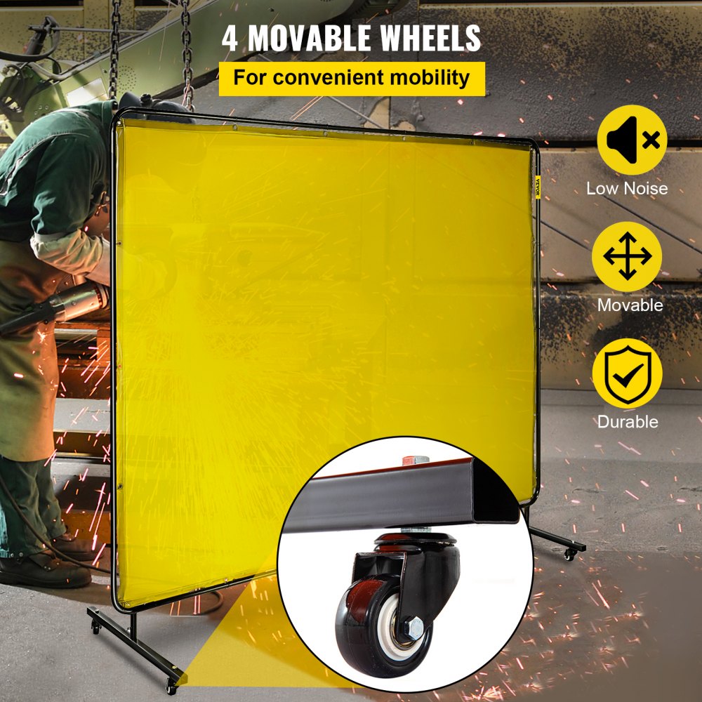 AMITOOLS Welding Screen with Frame 8' x 6', Welding Curtain with 4 Wheels, Welding Protection Screen Yellow Flame-Resistant Vinyl, Portable Light-Proof Professional