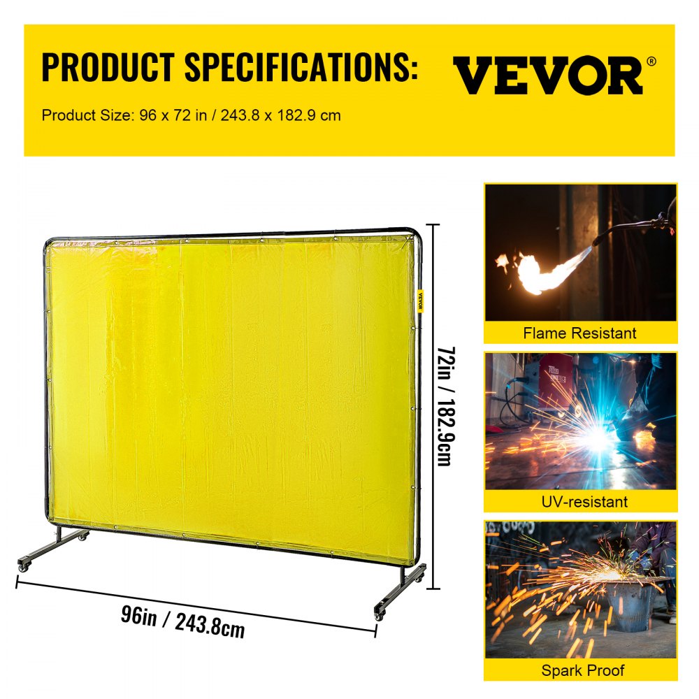 AMITOOLS Welding Screen with Frame 8' x 6', Welding Curtain with 4 Wheels, Welding Protection Screen Yellow Flame-Resistant Vinyl, Portable Light-Proof Professional