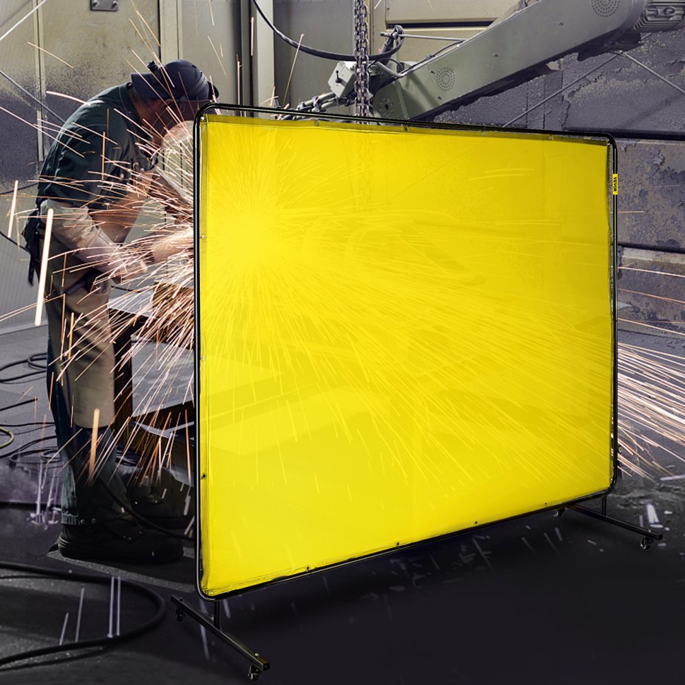 AMITOOLS Welding Screen with Frame 8' x 6', Welding Curtain with 4 Wheels, Welding Protection Screen Yellow Flame-Resistant Vinyl, Portable Light-Proof Professional