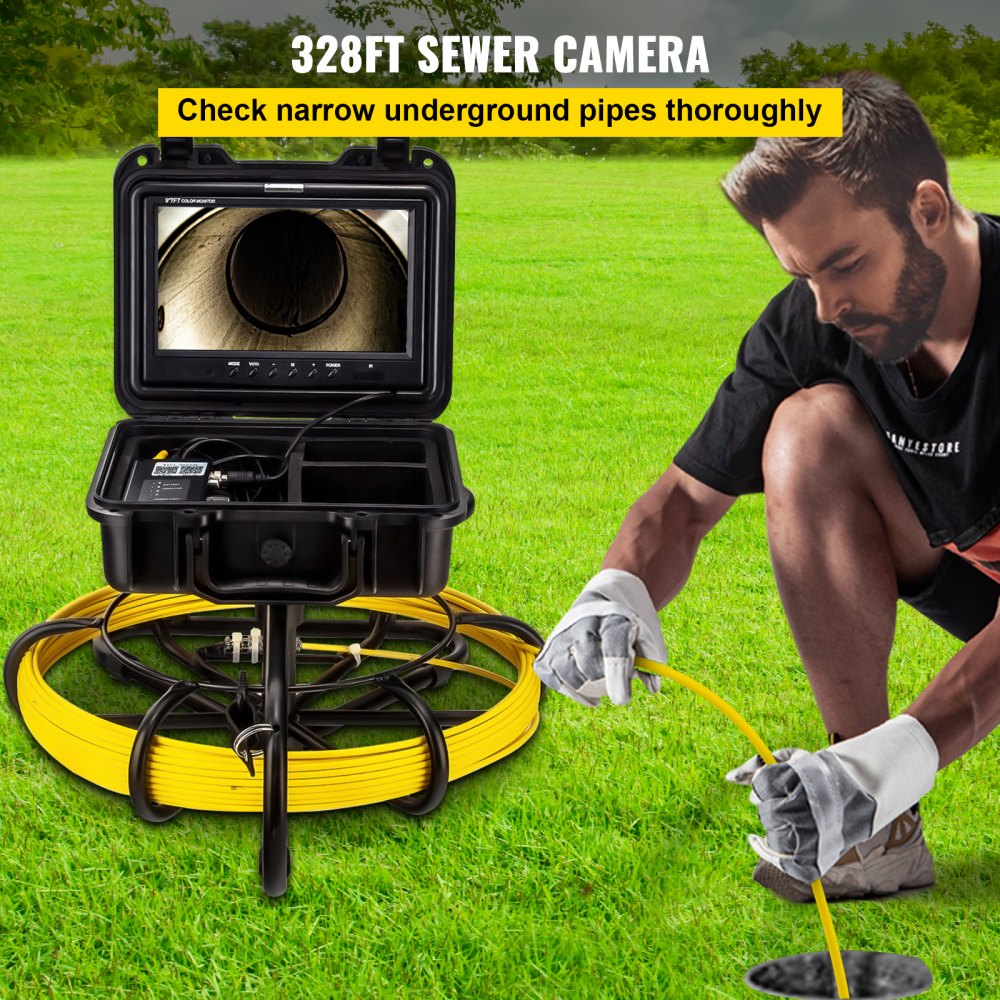 AMITOOLS Sewer Camera, 328ft/100m Cable, Waterproof IP68 Sewer Video Inspection Equipment, Drain Camera with 16 GB SD Card, DVR Function, 720P 9