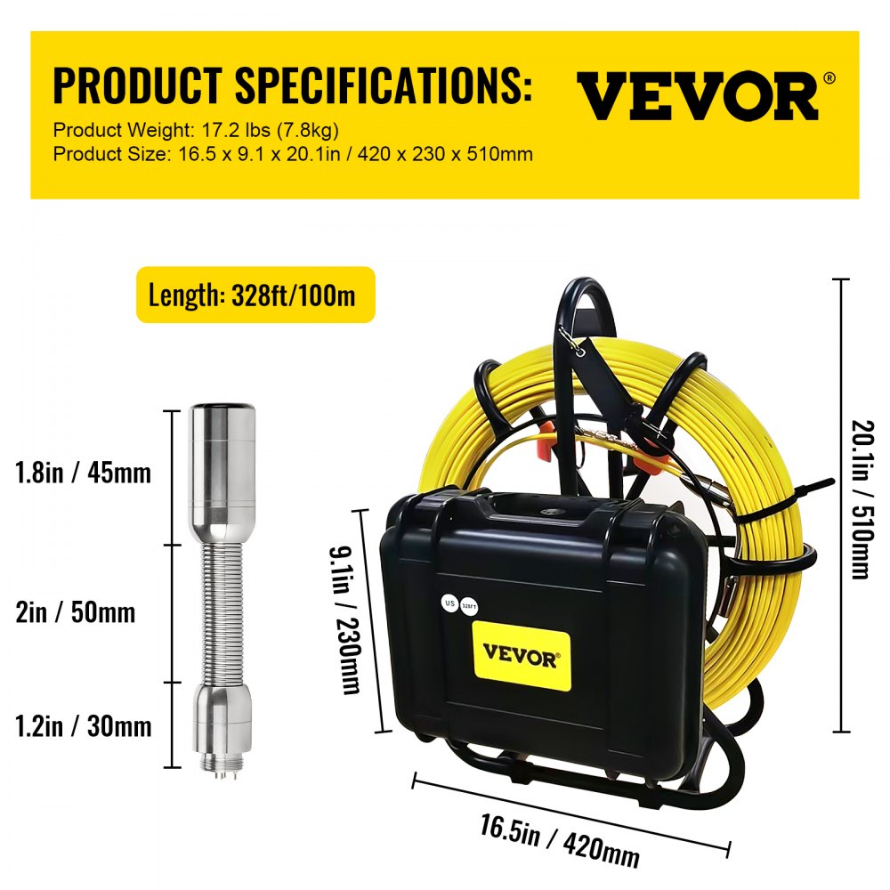 AMITOOLS Sewer Camera, 328ft/100m Cable, Waterproof IP68 Sewer Video Inspection Equipment, Drain Camera with 16 GB SD Card, DVR Function, 720P 9