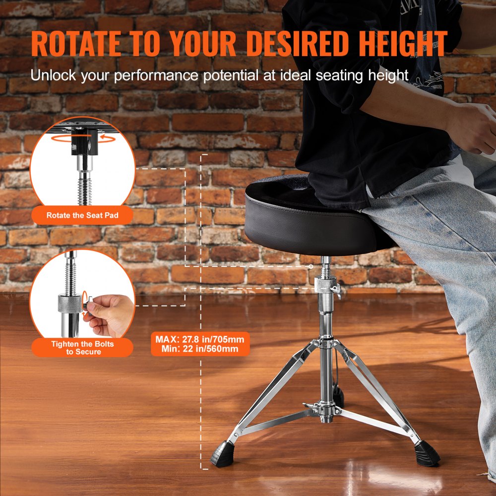 AMITOOLS Saddle Drum Throne, 22-27.8 in / 560-705 mm Height Adjustable, Padded Drum Stool Seat with Anti-Slip Feet 5A Drumsticks 500 lbs / 227 kg Max Weight Capacity, 360° Swivel Drum Chair for Drummers