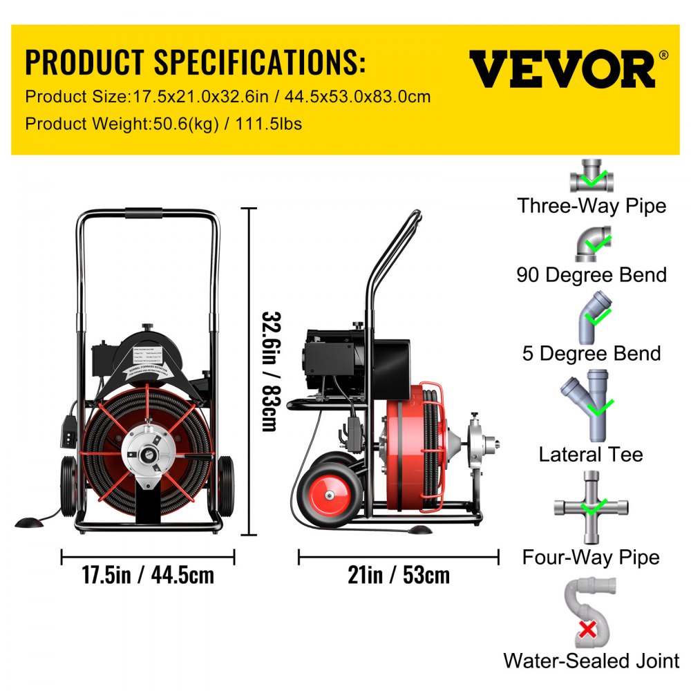 AMITOOLS 100 Ft x 1/2Inch Drain Cleaner Machine fit 2 Inch (50mm) to 4 Inch(100mm) Pipes 550W Open Drain Cleaning Machine 1700 r/min Electric Drain Auger with Cutters Glove Drain Auger Sewer Snake