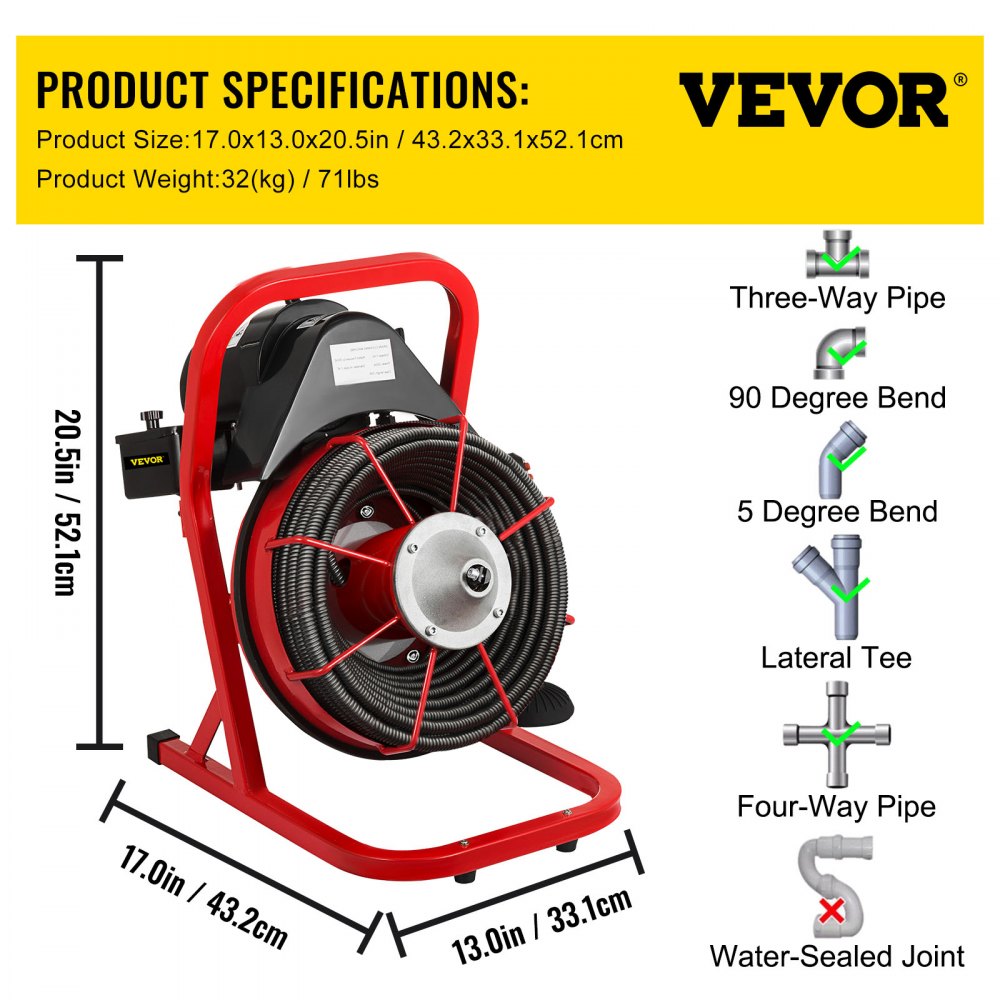 AMITOOLS 50FT x 1/2 Inch Drain Cleaning Machine, 250W Electric Drain Auger, Portable Sewer Snake Auger Cleaner with Cutters & Air-Activated Foot Switch for 1