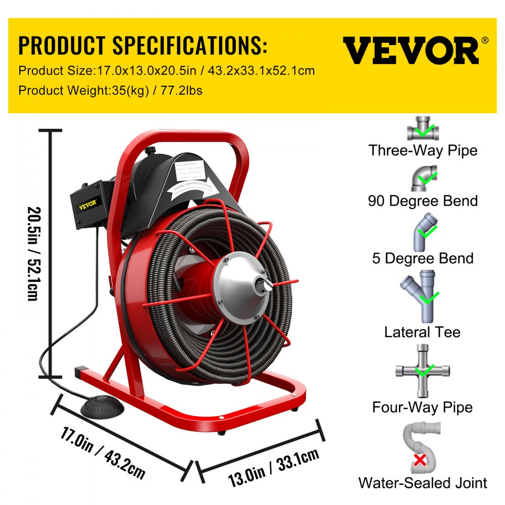 AMITOOLS 75FT x 1/2 Inch Drain Cleaning Machine, 370W Electric Drain Auger, Portable Sewer Snake Auger Cleaner with Cutters & Air-Activated Foot Switch for 2