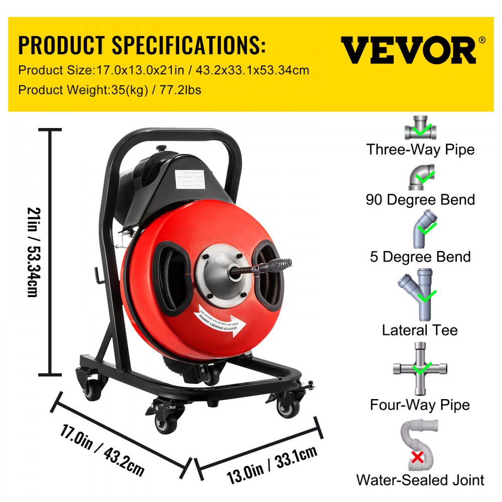 AMITOOLS Electric Drain Auger 50FTx1/2Inch,250W Drain Cleaner Machine,Sewer Snake Machine,Fit 2''- 4''/51mm-102mm Pipes, w/4 Wheels, Cutters,Foot Switch, for Drain Cleaners Plumbers