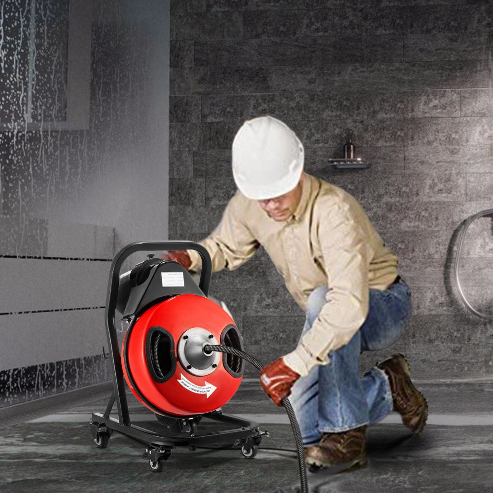 AMITOOLS Electric Drain Auger 50FTx1/2Inch,250W Drain Cleaner Machine,Sewer Snake Machine,Fit 2''- 4''/51mm-102mm Pipes, w/4 Wheels, Cutters,Foot Switch, for Drain Cleaners Plumbers