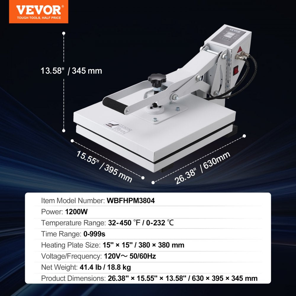 AMITOOLS Heat Press, Heat Press Machine for T-Shirt, Fast Heating, Power Digital Industrial Sublimation Printer for Heat Transfer Vinyl, High Pressure Heat Press 15x15, Easy to Use, White