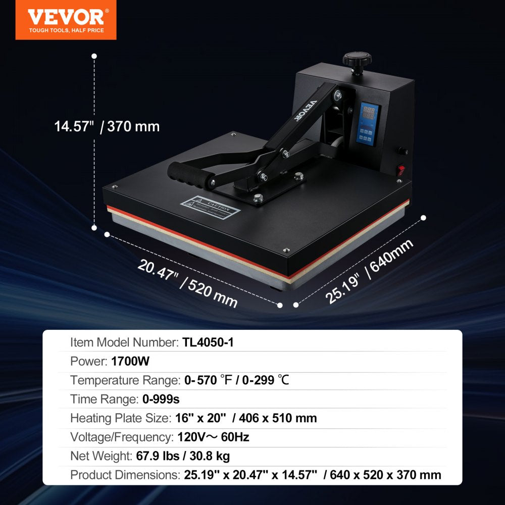 AMITOOLS Heat Press 16x20, 1700W Power Heat Press Machine, Fast Heating, High Pressure Heat Press Machine for T-Shirt, Digital Industrial Sublimation Printer for Heat Transfer Vinyl, Easy to Use, Black