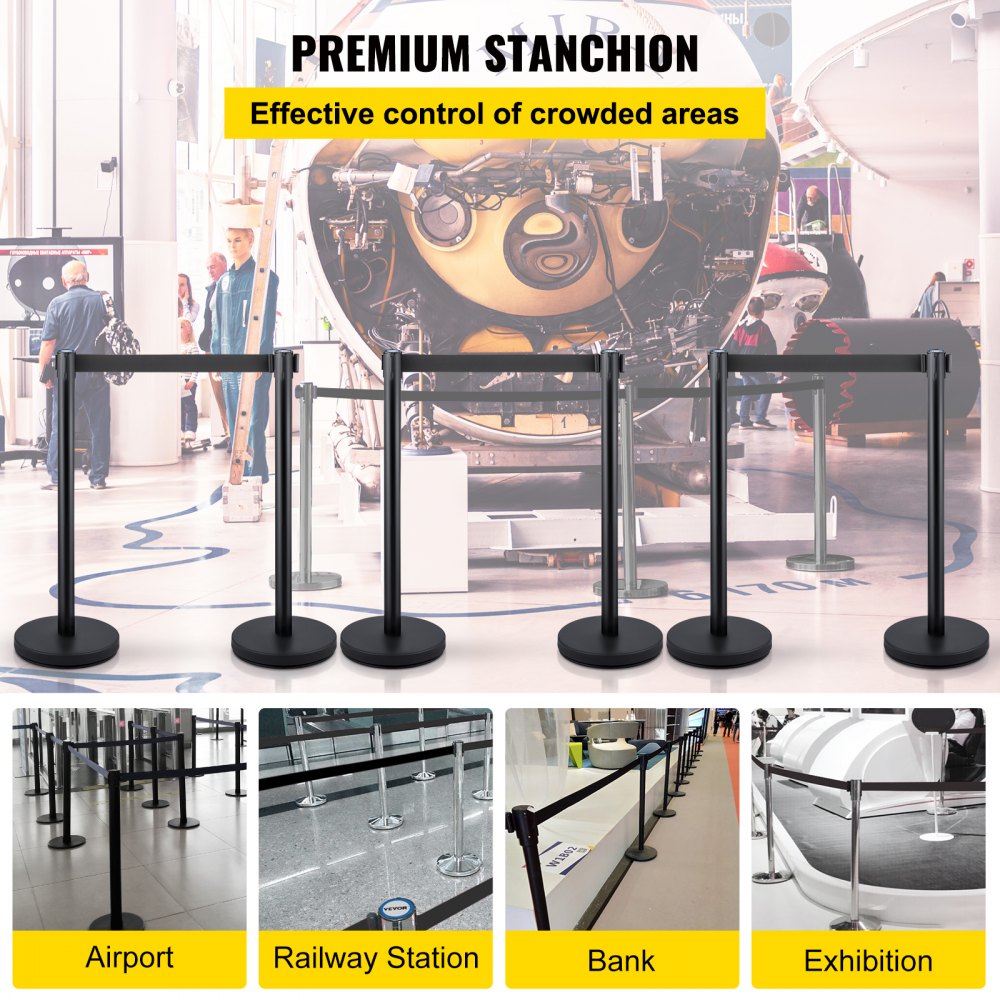 AMITOOLS 6 PCS Black Stanchion Posts Stainless Steel Stanchion Queue Post Black Belt Retractable 36In for Both Indoor and Outdoor use.