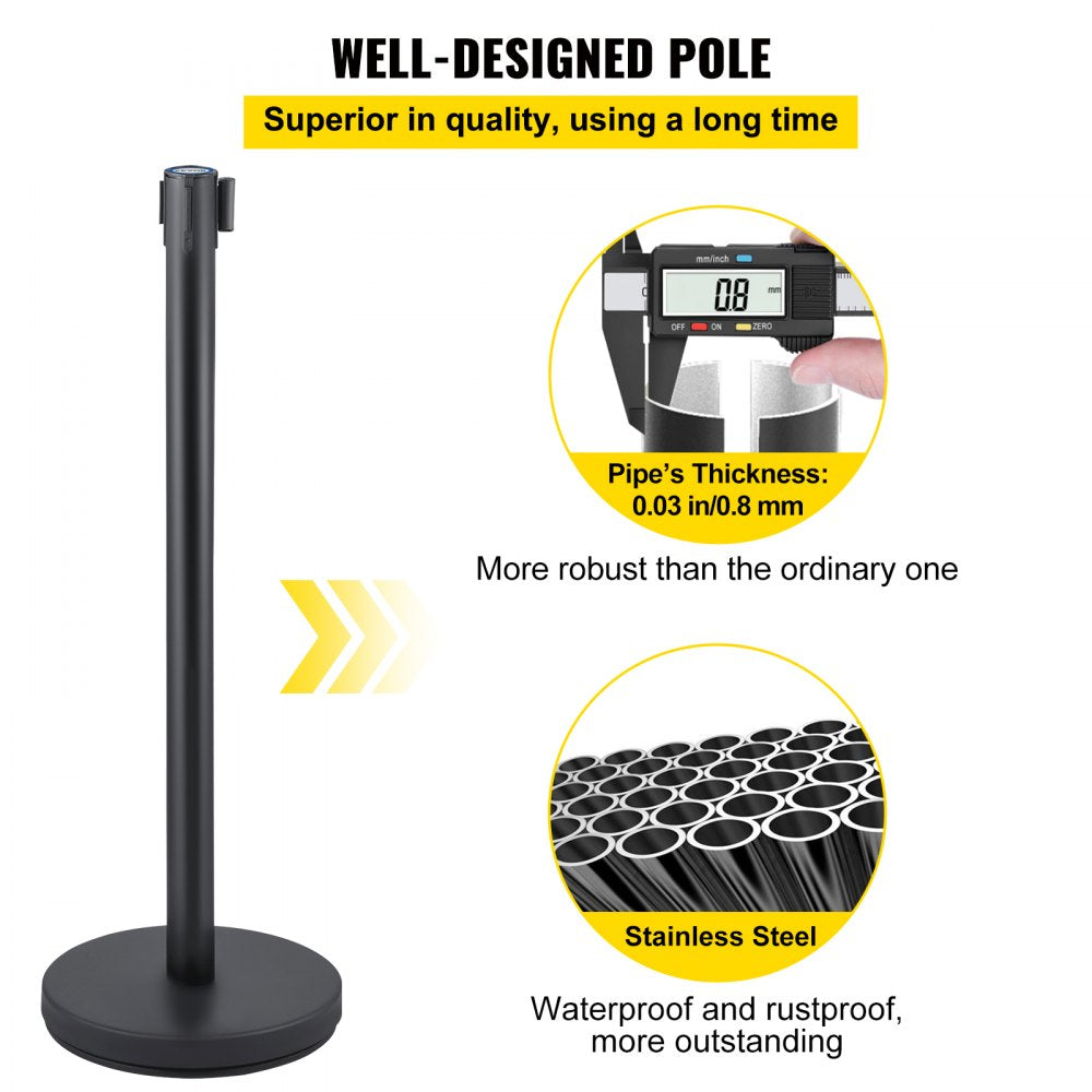 AMITOOLS 6 PCS Black Stanchion Posts Stainless Steel Stanchion Queue Post Black Belt Retractable 36In for Both Indoor and Outdoor use.