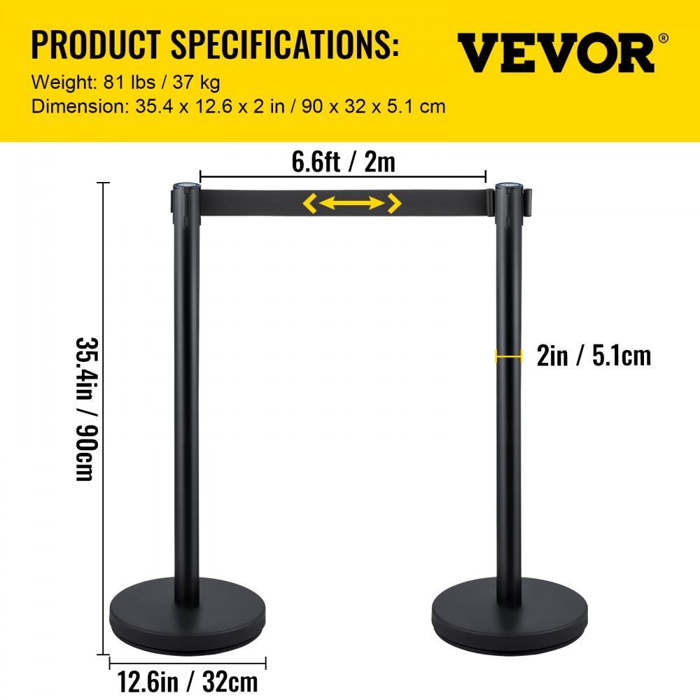 AMITOOLS 6 PCS Black Stanchion Posts Stainless Steel Stanchion Queue Post Black Belt Retractable 36In for Both Indoor and Outdoor use.