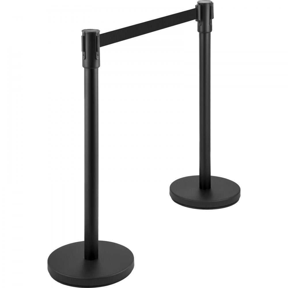 AMITOOLS Crowd Control Stanchion, Set of 8 Pieces Stanchion Set, Stanchion Set with 6.6 ft/2 m Black Retractable Belt, Black Crowd Control Barrier w/ Concrete and Metal Base – Easy Connect Assembly