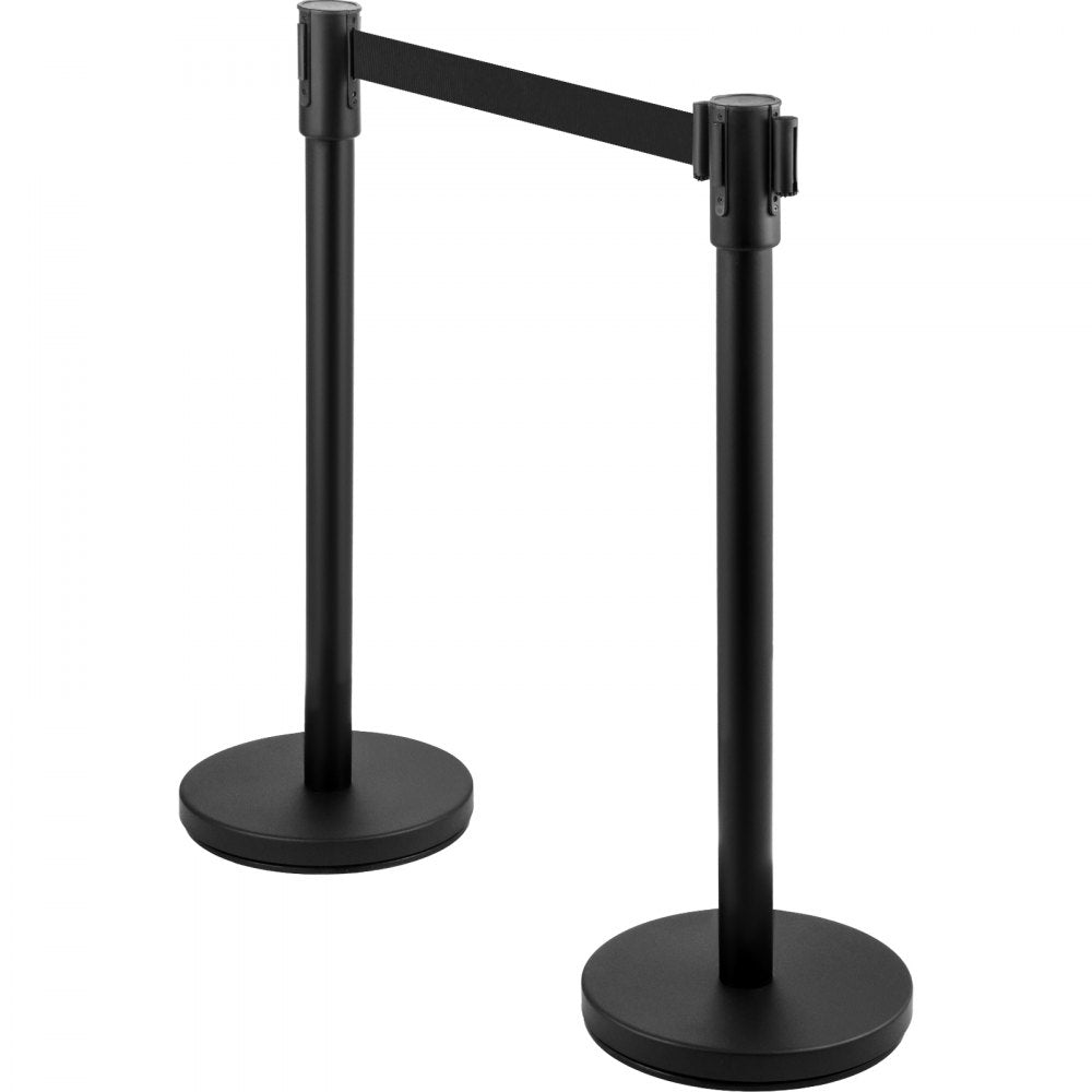 AMITOOLS Crowd Control Stanchion, Set of 8 Pieces Stanchion Set, Stanchion Set with 6.6 ft/2 m Black Retractable Belt, Black Crowd Control Barrier w/ Concrete and Metal Base – Easy Connect Assembly