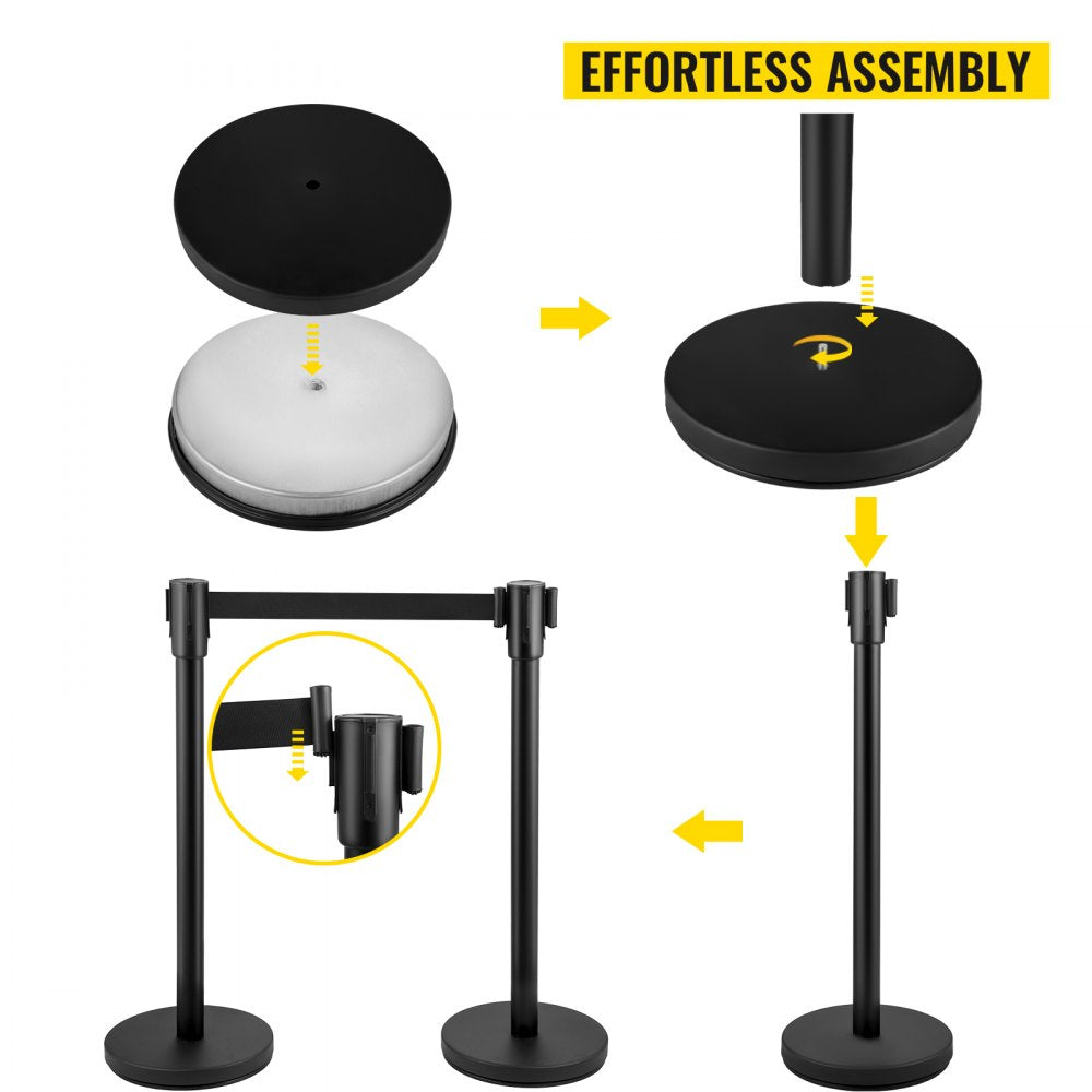 AMITOOLS Crowd Control Stanchion, Set of 8 Pieces Stanchion Set, Stanchion Set with 6.6 ft/2 m Black Retractable Belt, Black Crowd Control Barrier w/ Concrete and Metal Base – Easy Connect Assembly