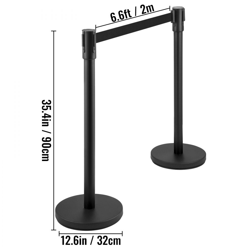 AMITOOLS Crowd Control Stanchion, Set of 8 Pieces Stanchion Set, Stanchion Set with 6.6 ft/2 m Black Retractable Belt, Black Crowd Control Barrier w/ Concrete and Metal Base – Easy Connect Assembly