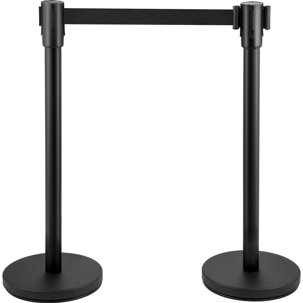 AMITOOLS Crowd Control Stanchion, Set of 8 Pieces Stanchion Set, Stanchion Set with 6.6 ft/2 m Black Retractable Belt, Black Crowd Control Barrier w/ Concrete and Metal Base – Easy Connect Assembly