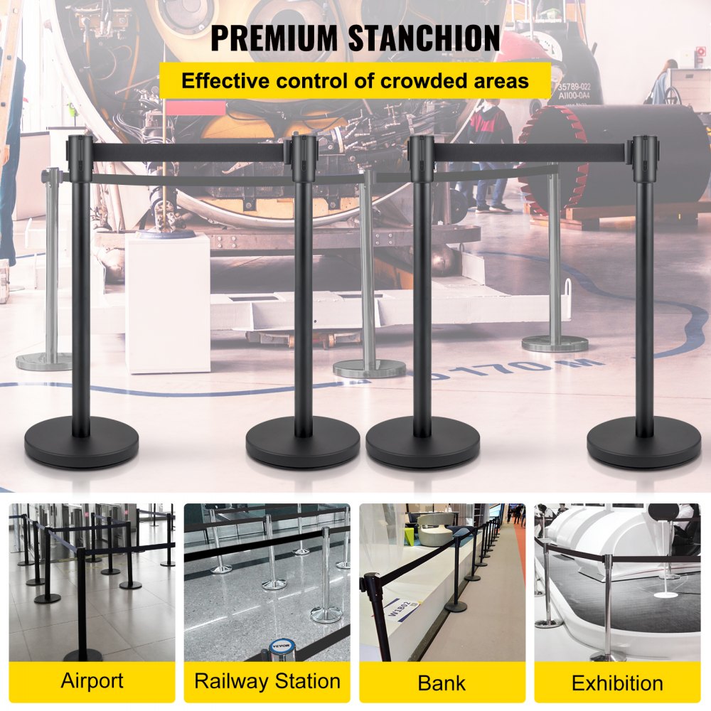 AMITOOLS Crowd Control Stanchion, Set of 4 Pieces Stanchion Set, Stanchion Set with 6.6 ft/2 m Black Retractable Belt, Black Crowd Control Barrier w/Concrete and Metal Base - Easy Connect Assembly