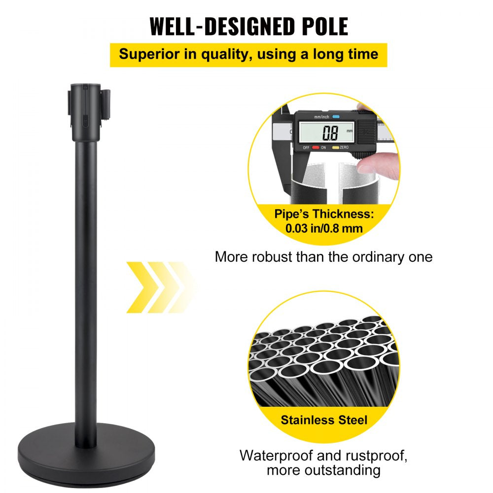 AMITOOLS Crowd Control Stanchion, Set of 4 Pieces Stanchion Set, Stanchion Set with 6.6 ft/2 m Black Retractable Belt, Black Crowd Control Barrier w/Concrete and Metal Base - Easy Connect Assembly