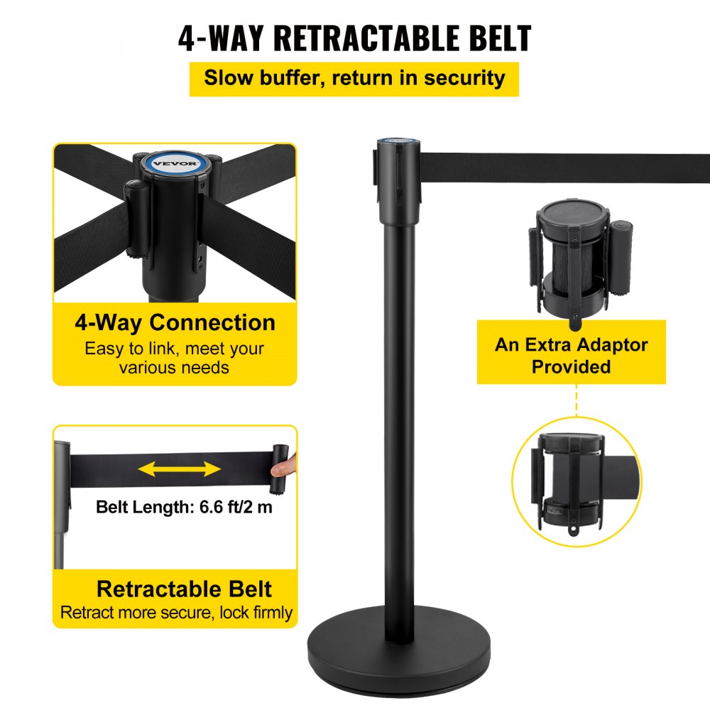 AMITOOLS Crowd Control Stanchion, Set of 4 Pieces Stanchion Set, Stanchion Set with 6.6 ft/2 m Black Retractable Belt, Black Crowd Control Barrier w/Concrete and Metal Base - Easy Connect Assembly