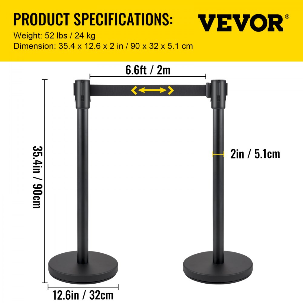 AMITOOLS Crowd Control Stanchion, Set of 4 Pieces Stanchion Set, Stanchion Set with 6.6 ft/2 m Black Retractable Belt, Black Crowd Control Barrier w/Concrete and Metal Base - Easy Connect Assembly