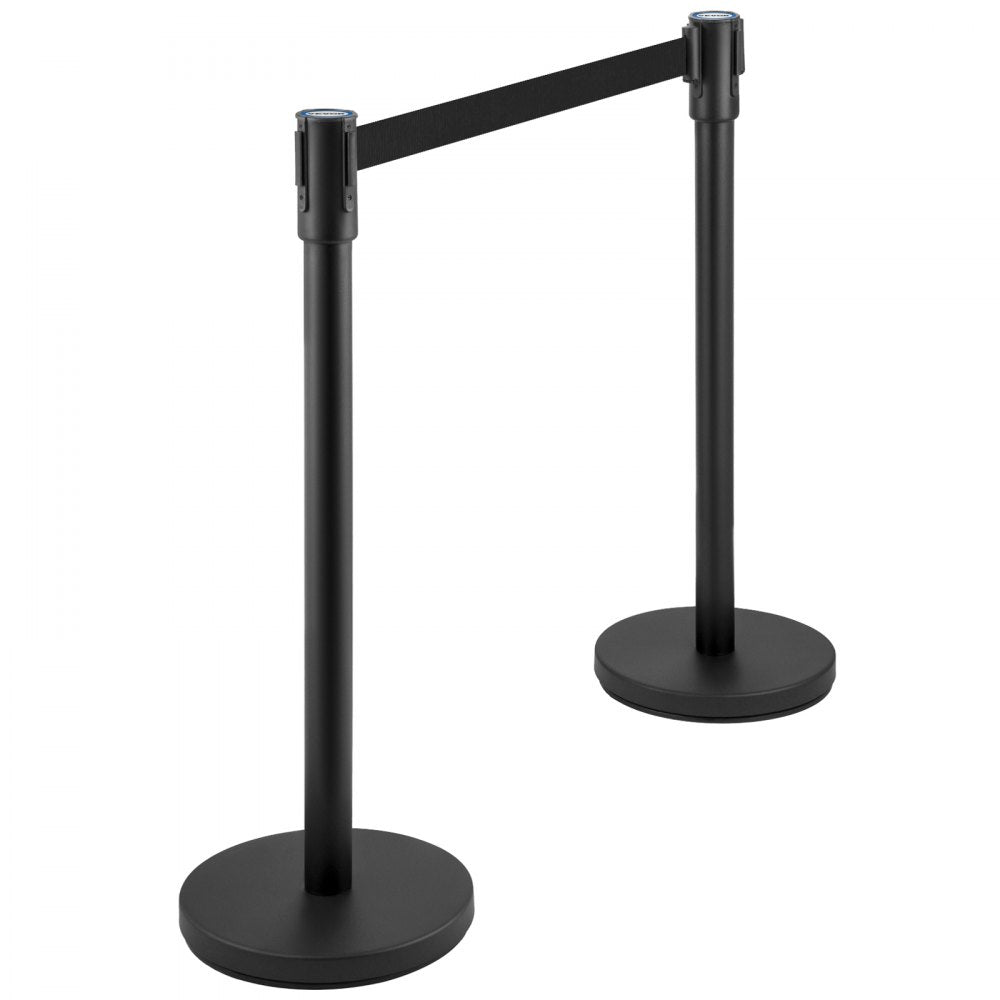 AMITOOLS Crowd Control Stanchion, Set of 4 Pieces Stanchion Set, Stanchion Set with 6.6 ft/2 m Black Retractable Belt, Black Crowd Control Barrier w/Concrete and Metal Base - Easy Connect Assembly