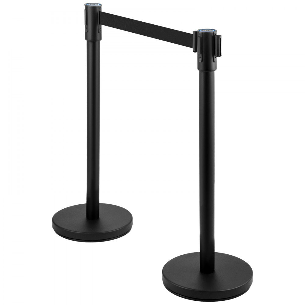 AMITOOLS Crowd Control Stanchion, Set of 4 Pieces Stanchion Set, Stanchion Set with 6.6 ft/2 m Black Retractable Belt, Black Crowd Control Barrier w/Concrete and Metal Base - Easy Connect Assembly