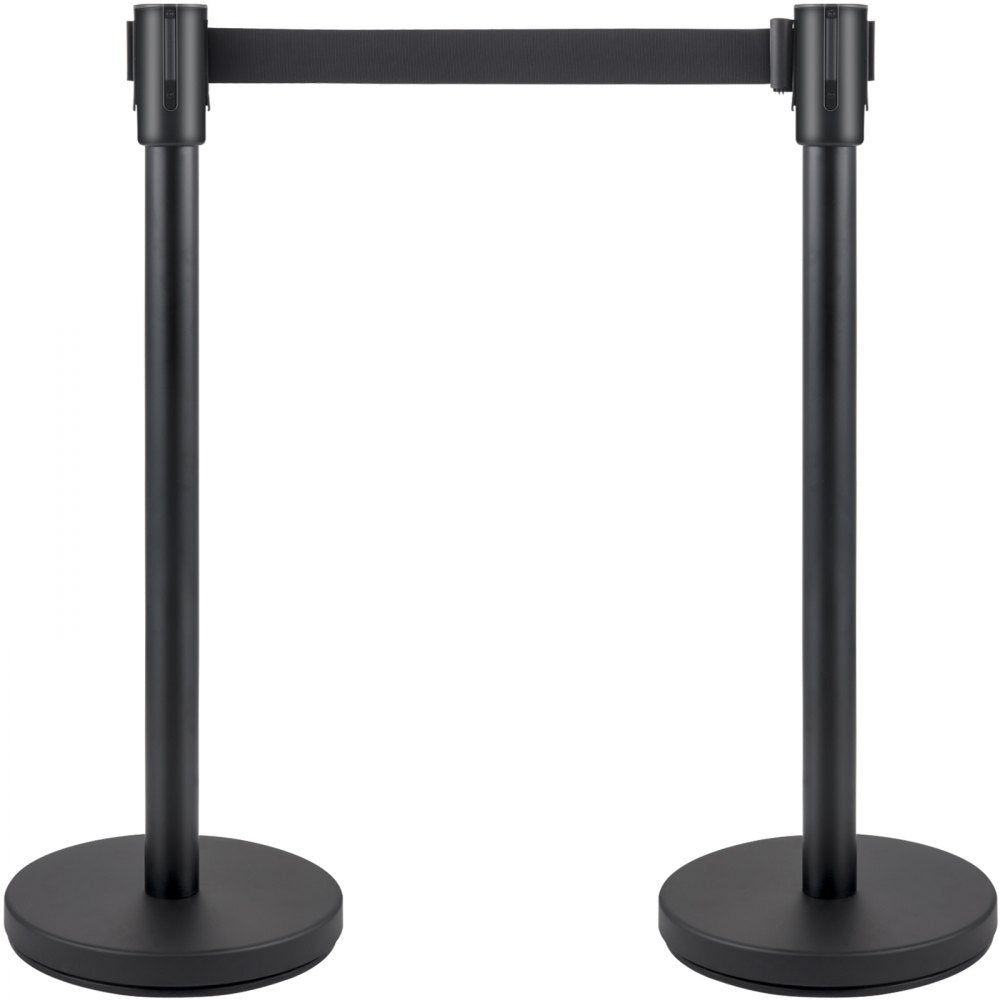 AMITOOLS Crowd Control Stanchion, Set of 4 Pieces Stanchion Set, Stanchion Set with 6.6 ft/2 m Black Retractable Belt, Black Crowd Control Barrier w/Concrete and Metal Base - Easy Connect Assembly