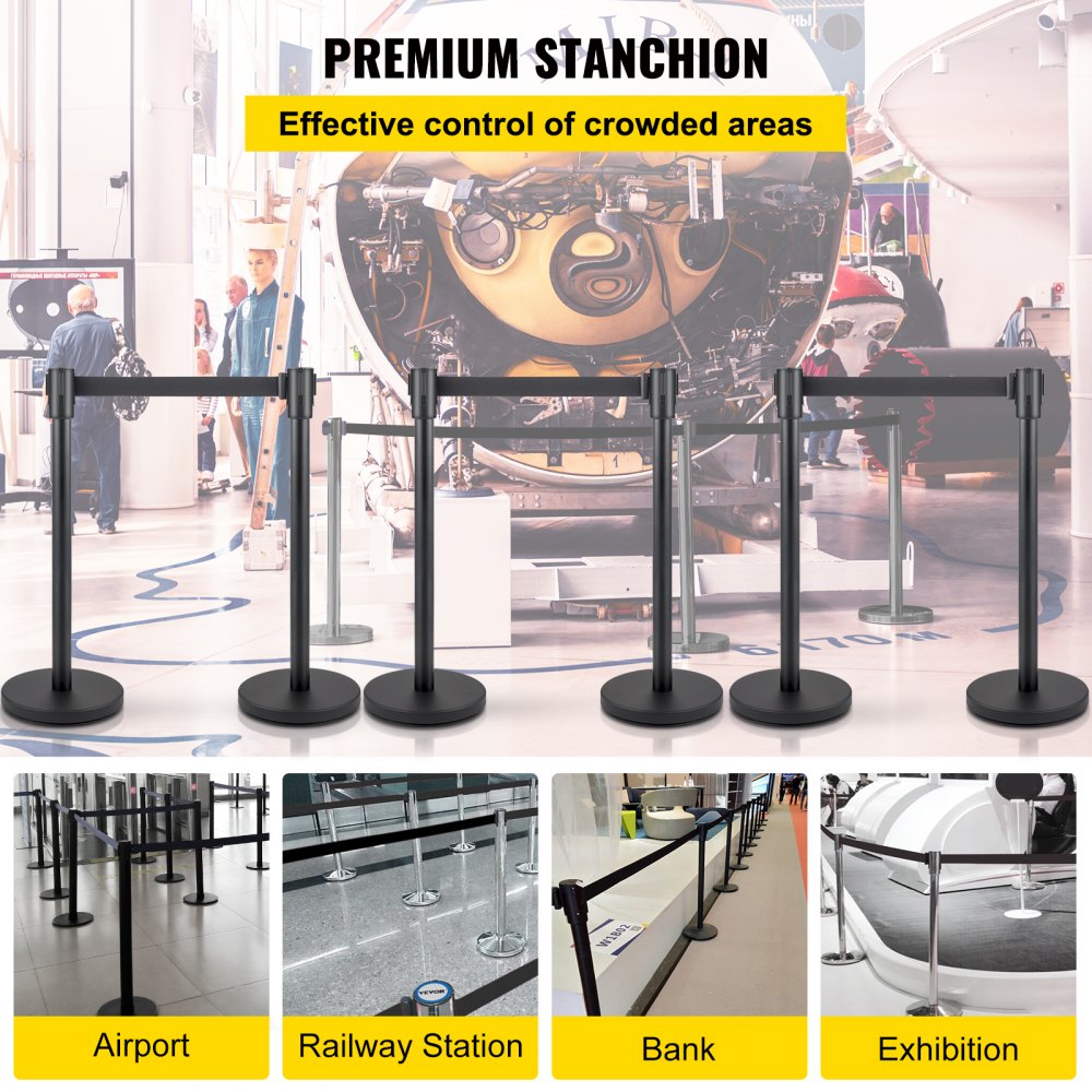 AMITOOLS Crowd Control Stanchion, Set of 6 Pieces Stanchion Set, Stanchion Set with 6.6 ft/2 m Black Retractable Belt, Black Crowd Control Barrier w/Concrete and Metal Base - Easy Connect Assembly