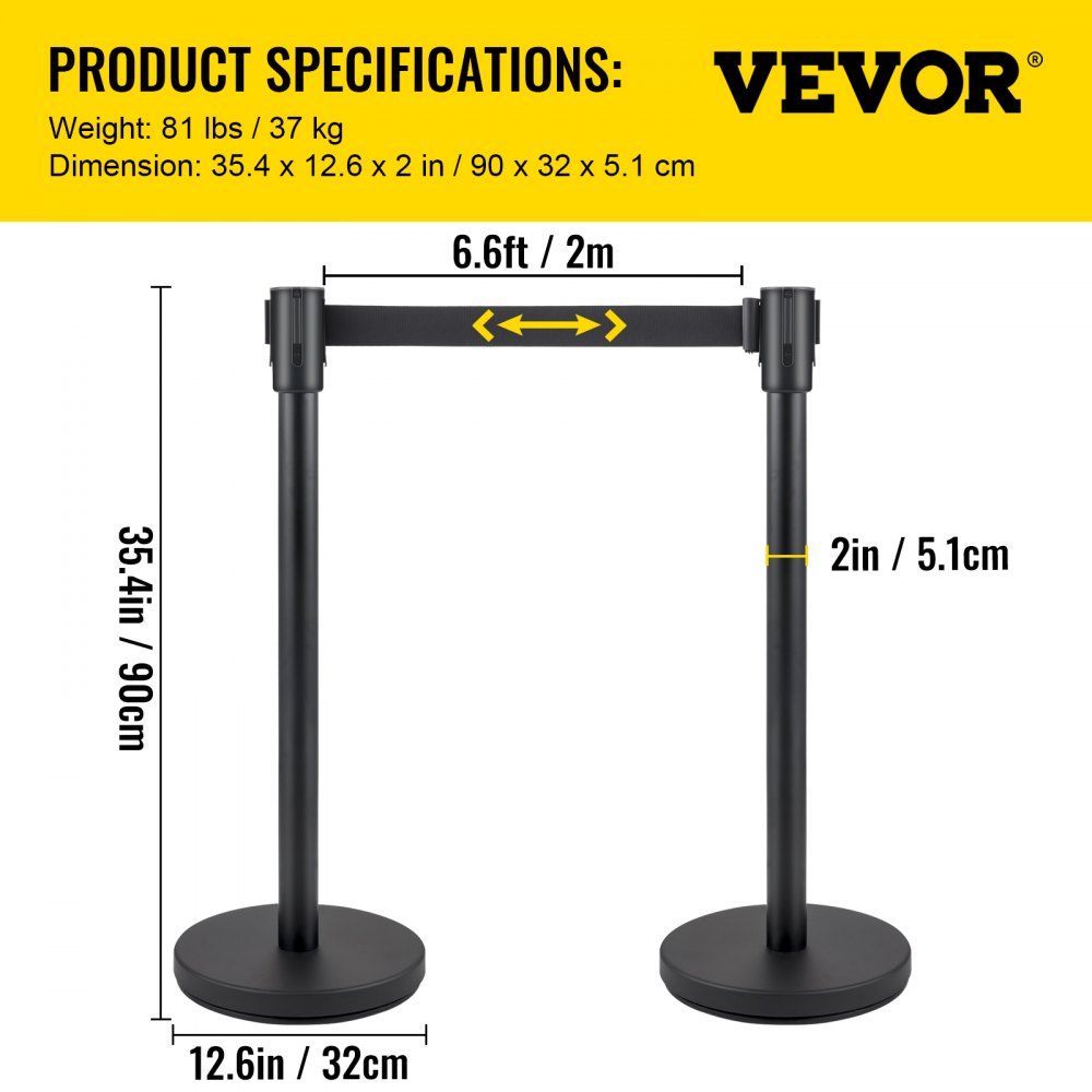 AMITOOLS Crowd Control Stanchion, Set of 6 Pieces Stanchion Set, Stanchion Set with 6.6 ft/2 m Black Retractable Belt, Black Crowd Control Barrier w/Concrete and Metal Base - Easy Connect Assembly