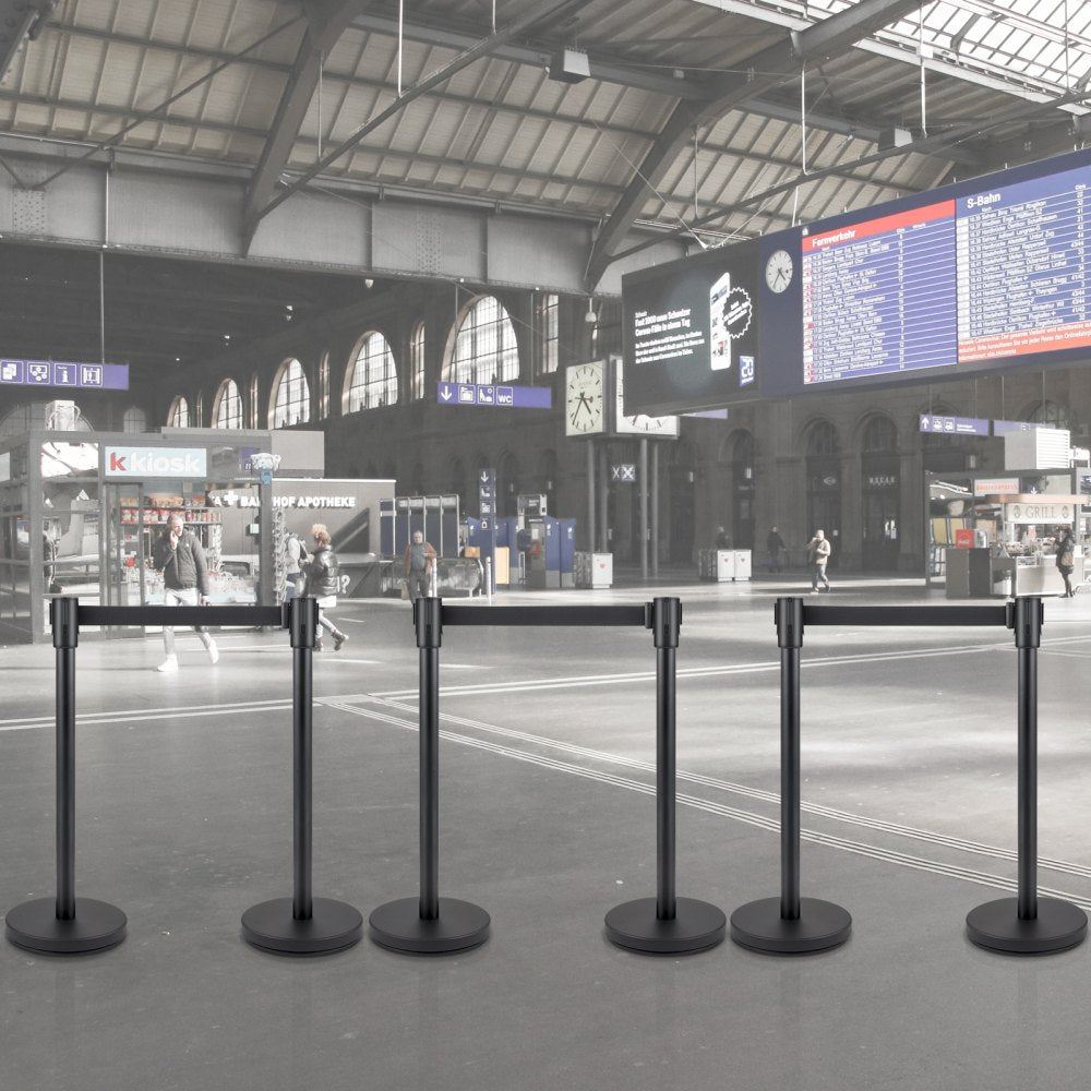 AMITOOLS Crowd Control Stanchion, Set of 6 Pieces Stanchion Set, Stanchion Set with 6.6 ft/2 m Black Retractable Belt, Black Crowd Control Barrier w/Concrete and Metal Base - Easy Connect Assembly