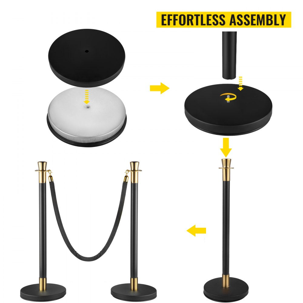 AMITOOLS Crowd Control Stanchion, Set of 6 Pieces Stanchion Set, Stanchion Set with 5 ft/1.5 m Black Velvet Rope, Black Crowd Control Barrier w/Sturdy Concrete and Metal Base – Easy Connect Assembly